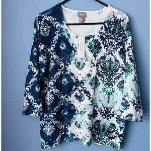 Chicos pullover sweater top reef pattern printed 3/4 sleeve scoop neck large